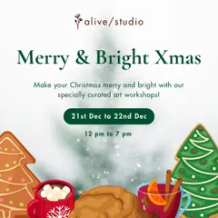 Get into the holiday spirit with our "Merry & Bright Xmas" workshops. This poster announces our special weekend of festive art activities for the whole family.