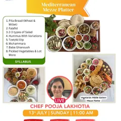 Learn to create a stunning Mediterranean Mezze Platter from scratch. This workshop covers making pita bread, falafel, various salads, hummus, baba ghanoush, and more.