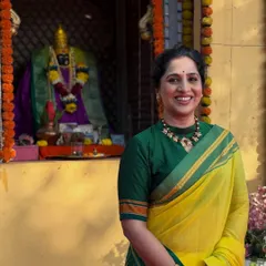 A happy shot of Madhurani at a temple, dressed in character as Savitribai Phule.