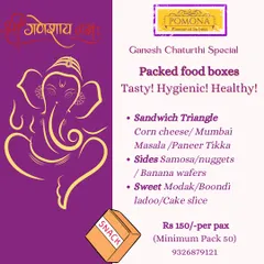 My special packed food box for Ganesh Chaturthi celebrations. This festive menu includes sandwich triangles, samosas, and traditional sweets like modak, making it easy to treat your guests.