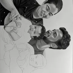The family sketch in progress. Here you can see one of the babies fully rendered while the other is still in the outline stage, showing how the image is built up layer by layer.