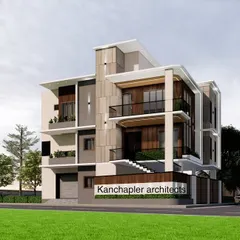 A 3D visualization of a modern residential building I designed. This render showcases a multi-level facade with a mix of stone cladding, wood accents, and glass railings, balancing private balconies with open design elements.