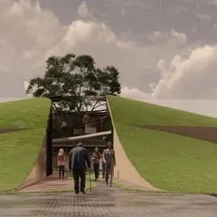 The entrance to the conceptual "landscraper" office is designed as a passage through the earth itself. This approach creates a unique arrival experience and reinforces the architectural idea of the building being one with the landscape.