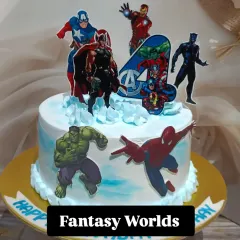 Assemble the perfect birthday with this Avengers-themed cake. It features edible cutouts of Iron Man, Captain America, Thor, Hulk, and Spider-Man.