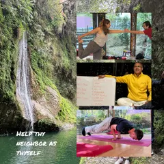 A collage capturing the essence of our Himalayan getaway: learning partner yoga, exploring waterfalls, and receiving guidance on the path of Ashtanga Yoga. It is a holistic experience of learning, connection, and nature.