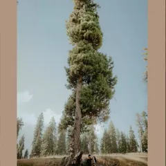 A wide, cinematic shot of a couple resting at the base of a towering pine tree in Kashmir, emphasizing the grandeur of the natural landscape. This is a classic example of an elopement-style photograph.