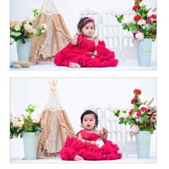 A two-photo collage titled "Cute Moments" from the simple studio session. It shows the baby girl in her bright pink dress, capturing her sweet and inquisitive nature.