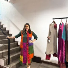 Wearing a beautiful patchwork piece at an event for sustainable brands Medha and Aulerth. I love working with conscious designers and creating events that highlight their handcrafted, mindful creations.