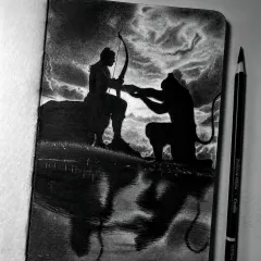 An artistic silhouette drawing of Lord Rama with his devotee Hanuman, set against a stormy sky. This piece uses high contrast charcoal to create a dramatic and emotional scene, focusing on their forms and the reflection in the water.
