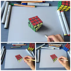 The process behind my Rubik's cube drawing. This collage shows how I map out the colors and shadows step-by-step to create the final 3D look.