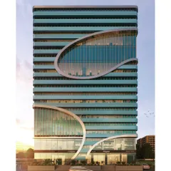 A frontal view of the interconnected three-tower commercial project in Central India. The organic, flowing design and sleek glass façade are intended to create a state-of-the-art business hub that will redefine the city's skyline.