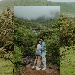 A creative composition blending a couple's intimate portrait with the vast, misty waterfalls and greenery of a Nashik destination shoot. This showcases my approach to storytelling through landscape.