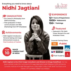 With over 12 years of experience, 1000+ makeovers, and 150+ corporate trainings for clients like Airtel and Maruti Suzuki, my approach is built on a foundation of proven results. I am an internationally certified Image Consultant and Soft Skills trainer, dedicated to your professional transformation.