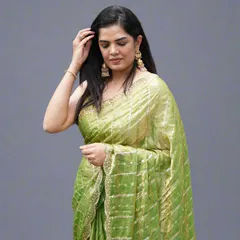A candid-style shot of the lime green organza tissue saree, highlighting its easy-to-carry and glamorous feel.