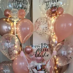 Celebrating an 18th birthday calls for something special. Here you can see our hot air balloon hamper alongside matching helium bunches, all in a beautiful rose gold theme with custom "Happy 18th Birthday" text.