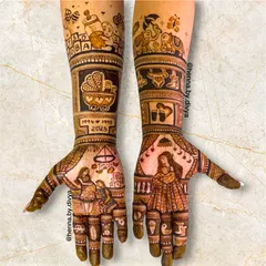 This intricate Godh Bharai mehendi captures the family's excitement. It features a portrait of the parents, a baby pram, birth year details, and adorable baby-related motifs covering the hands and arms.