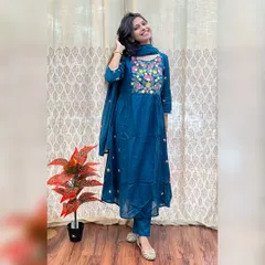 A full view of the embroidered teal Anarkali suit. The vibrant threadwork and scattered motifs add a touch of glamour, making it a standout piece for your festive wardrobe.