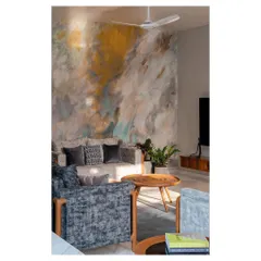 A family lounge in the 'Solid Void Solid' house featuring a custom abstract wallpaper that adds texture and depth. The design focuses on creating a comfortable, intimate zone for relaxation, with carefully selected furnishings and soft lighting.