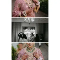 A collage of getting ready details, including close-ups of the bride's jewelry and a black and white shot of the pre-ceremony preparations.