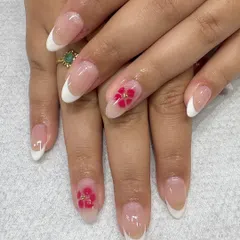 Another successful "Inspo vs. Reality" creation. This client wanted a classic French manicure with a delicate, translucent red flower accent, and I was happy to bring her vision to life.