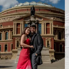 A classic couple portrait with the Royal Albert Hall as a stunning backdrop. Their warm embrace and smiles show their happiness during this special destination photoshoot.