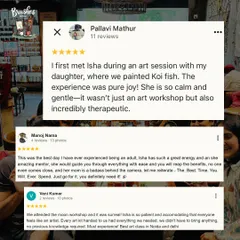 A collage of glowing Google reviews from our amazing participants. Their words about the therapeutic experience and our "badass" mom behind the camera mean everything.