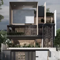 This residence facade is a study in modern minimalism, layering raw concrete, expansive glass, and rich wooden textures. The composition of stacked volumes and integrated planters creates a home that is both geometrically pure and harmoniously blended with its natural surroundings.
