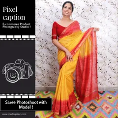 Another pose for the same red and yellow saree, highlighting the fabric's texture and the intricate border design. We provide a variety of shots for a comprehensive product listing.