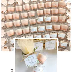 A collage showcasing various votive jar candle orders, including layered candles with wooden wicks made for a Holy Communion.