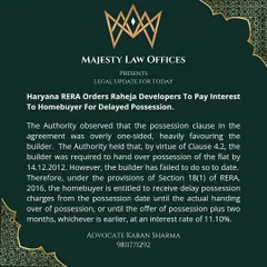Here is a clear example of how we hold builders accountable. In this case, the Haryana RERA authority ordered a developer to pay 11.10% interest to a homebuyer for delayed possession. If your builder is not delivering on time, the RERA Act gives you the right to claim compensation, and I can help you navigate the process to get what you are owed.