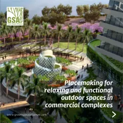 A render illustrating our concept of placemaking for commercial complexes. We design relaxing and functional outdoor spaces, such as this plaza with a sculptural centerpiece and ample seating, to transform them into memorable experiences where people can gather.