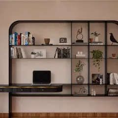 This integrated study unit is designed for a young man's bedroom, providing space for everything he needs. The sleek black desk and bookshelf are built as one cohesive piece, with a textured wall behind it adding depth and character.