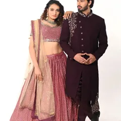 Another angle from our studio photoshoot, showing the elegant drape and fit of this popular wine-colored Indo-western outfit.