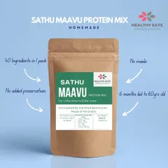 This is my not-so-secret weapon for child nutrition, my homemade Sathu Maavu Protein Mix. Formulated by me as a certified nutritionist, it contains 40 different grains with no maida, no added preservatives, and absolutely no sugar. It's the perfect, wholesome food for everyone in the family, from a 6-month-old baby to a 60-year-old grandparent.