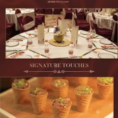 A collage showcasing our signature touches, from elegant table settings with coconut centerpieces to creative appetizers in waffle cones. We believe in culinary innovation and creating memorable experiences.