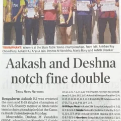 "Aakash and Deshna notch fine double." This Times of India article details Aakash KJ's double win at the CVL Shastry memorial State table tennis championships.