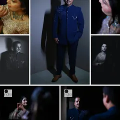 A collage of artistic portraits of the bride and groom, showcasing my style of using light and shadow to create dramatic and memorable shots.