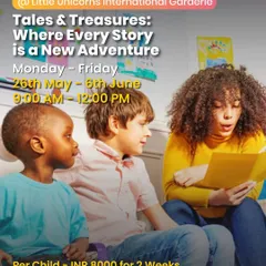 A poster for the "Tales & Treasures" summer camp, promising a journey through enchanted meadows and magical beanstalks.