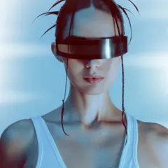 A futuristic beauty editorial using cool, blue-toned lighting and metallic accessories. This close-up on the visor and spiky hair creates a sleek, sci-fi aesthetic.