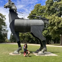 The horse pose, or Vatayanasana, is a dynamic and powerful asana. Practicing outdoors next to this magnificent sculpture reminds me of the strength and grace we cultivate through yoga.