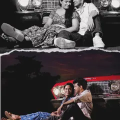 A romantic evening shot with a vintage red convertible. The dramatic lighting and classic car create a cinematic, storybook feel for your Goa pre-wedding album.