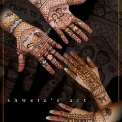 A collage of a sweet baby shower mehendi. The design includes portraits of the "Mom to be" and "Dad to be," along with cute baby elephants and other celebratory elements.
