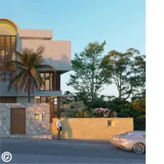 The street-facing view of the Belagavi home concept. We integrated landscaping and boundary walls to create a gentle transition from the public street to the private residence, using natural materials to blend the building with its surroundings.