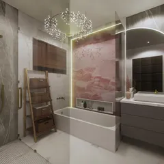 A luxurious bathroom featuring a dramatic pink onyx accent wall, a sparkling chandelier over the tub, and a sleek, modern vanity with a backlit mirror.