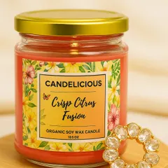 A burst of energy in a jar. My Crisp Citrus Fusion candle is made with organic soy wax to fill your room with a bright and refreshing fragrance.