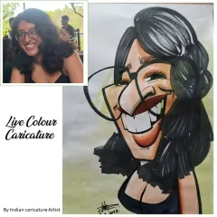 A great example of a live color caricature, showing the reference photo alongside the finished artwork. I capture the likeness and personality, then amplify it with my signature cartoon style.