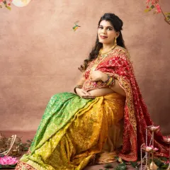 A serene and beautiful portrait from Chandni's maternity shoot. The soft makeup and flowing saree create a dreamy, artistic feel.