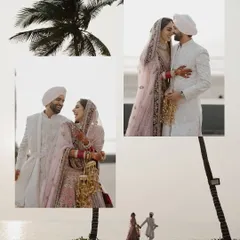 A collage of romantic portraits of the Sikh couple by the beach. The soft light and palm trees create a beautiful, serene atmosphere for their wedding photos.
