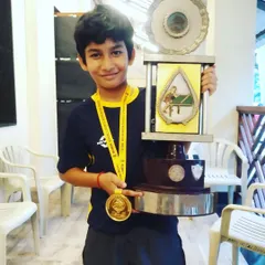 Aakarshan Yadav with his huge trophy after winning Gold in the under-12 boys event at the Mumbai Inter-school MSSA 2023 tournament.