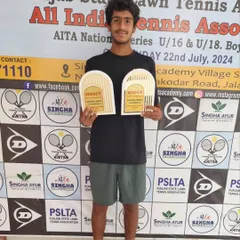 A double crown for Prateek Sheoran. He proudly displays both the singles and doubles winner trophies at the U16 National Series in Jalandhar.